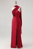 Burgundy One Shoulder Sheath Long Formal Dress with Streamer