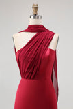 Burgundy One Shoulder Sheath Long Formal Dress with Streamer