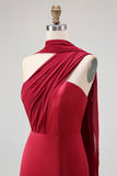 Burgundy One Shoulder Sheath Long Formal Dress with Streamer