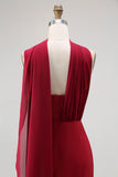 Burgundy One Shoulder Sheath Long Formal Dress with Streamer