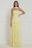 Yellow Ruffled Strapless Long Bridesmaid Dress with Streamer