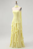 Yellow Ruffled Strapless Long Bridesmaid Dress with Streamer