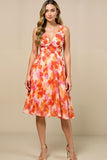 A Line V-Neck Printed Sunset Ruched Summer Dress