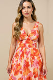 A Line V-Neck Printed Sunset Ruched Summer Dress