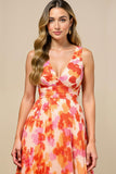A Line V-Neck Printed Sunset Ruched Summer Dress