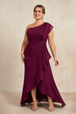One Shoulder Burgundy Chiffon Mother of the Bride Dress with Appliques