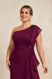 One Shoulder Burgundy Chiffon Mother of the Bride Dress with Appliques