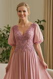 Dusty Rose Chiffon Appliqued A Line Mother of the Bride Dress with Puff Sleeves