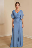 Dusty Blue A Line V Neck Chiffon Mother of the Bride Dress with Appliques