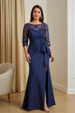 Navy Sheath Satin Boat Neck Long Mother of the Bride Dress with Sash