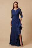 Navy Sheath Chiffon Ruffled Ruched Long Mother of the Bride Dress with Sleeves