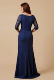 Navy Sheath Ruffled Lace 3/4 Sleeves Choir Dress with Slit