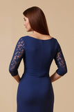 Navy Sheath Ruffled Lace 3/4 Sleeves Choir Dress with Slit