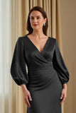 Pine Satin Mermaid V-Neck Long Mother of the Bride Dress with Sleeves