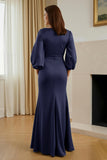 Pine Satin Mermaid V-Neck Long Mother of the Bride Dress with Sleeves