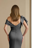Dusty Blue Mermaid Satin Off The Shoulder Mother of the Bride Dress with Bow