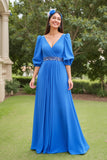 Blue A Line Chiffon V-Neck Long Mother of the Bride Dress with Sleeves