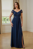 Navy A Line Chiffon Appliqued Long Mother of the Bride Dress with Slit