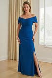Blue Sheath Chiffon Off The Shoulder Long Mother of the Bride Dress with Slit