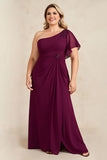 Burgundy Sheath Chiffon One Shoulder Long Mother of the Bride Dress with Beading