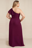 Burgundy Sheath Chiffon One Shoulder Long Mother of the Bride Dress with Beading