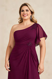 Burgundy Sheath Chiffon One Shoulder Long Mother of the Bride Dress with Beading