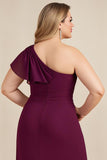 Burgundy Sheath Chiffon One Shoulder Long Mother of the Bride Dress with Beading