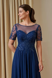 Navy Chiffon A Line Appliqued Illusion Boat Neck Long Mother of the Bride Dress with Sleeves