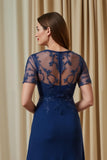 Navy Chiffon A Line Appliqued Illusion Boat Neck Long Mother of the Bride Dress with Sleeves