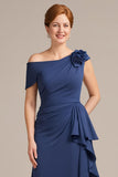 Navy Sheath One Shoulder Ruffled Long Mother of the Bride Dress with 3D Flower