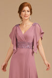 A-Line Grape V-Neck Ruched Flutter Sleeve Long Mother of the Bride Dress