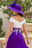 A Line Purple V-Neck Ruched Mother of the Bride Dress with Lace Appliques