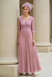 Dusty Rose A-Line V-Neck 3/4 Sleeves Mother of the Bride Dress with Appliques