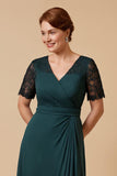 Pine Sheath V-Neck Short Sleeve Mother of the Bride Dress with Lace