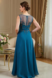 Peacock Blue A-Line Illusion Neck Long Mother of the Bride Dress with Lace Appliques