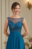 Peacock Blue A-Line Illusion Neck Long Mother of the Bride Dress with Lace Appliques