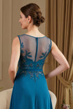 Peacock Blue A-Line Illusion Neck Long Mother of the Bride Dress with Lace Appliques