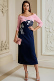 Navy Off The Shoulder 3/4 Sleeve Mother of the Bride Dress with Lace Appliques