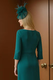 Pine Bateau Neck Ruched 3/4 Sleeve Mother of the Bride Dress with Ruffles