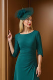 Pine Bateau Neck Ruched 3/4 Sleeve Mother of the Bride Dress with Ruffles