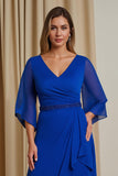 A-Line Royal Blue V-Neck 3/4 Sleeve Chiffon Mother of the Bride Dress with Ruffles