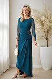 Peacock Blue Bateau Neck Ruched Puff Sleeves Chiffon Long Mother of the Bride Dress with Beading