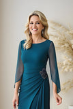 Peacock Blue Bateau Neck Ruched Puff Sleeves Chiffon Long Mother of the Bride Dress with Beading