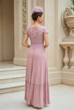 Dusty Rose A-Line V-Neck Long Mother of the Bride Dress with Lace