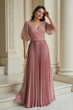Dusty Rose A-Line V-Neck Chiffon Long Mother of the Bride Dress with Ruffles
