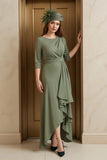 Olive A-Line Bateau Neck 3/4 Sleeve Ruched Mother of the Bride Dress with Ruffles