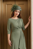 Olive A-Line Bateau Neck 3/4 Sleeve Ruched Mother of the Bride Dress with Ruffles