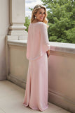 A-Line Candy Pink Bateau Neck 3/4 Sleeve Chiffon Long Mother of the Bride Dress