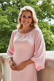A-Line Candy Pink Bateau Neck 3/4 Sleeve Chiffon Long Mother of the Bride Dress
