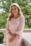 A-Line Candy Pink Bateau Neck 3/4 Sleeve Chiffon Long Mother of the Bride Dress
